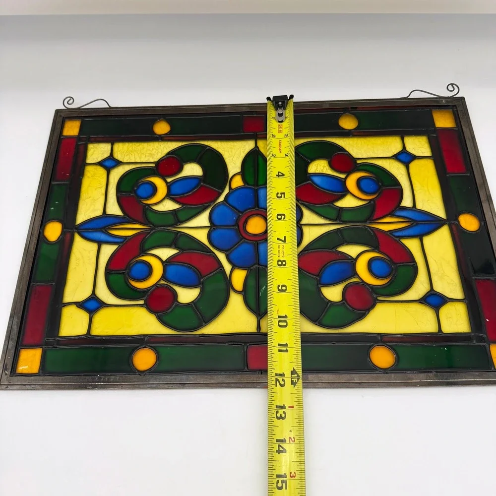 Vintage Stained Glass Window Panel Suncatcher Floral Leaded Metal Frame 18x12